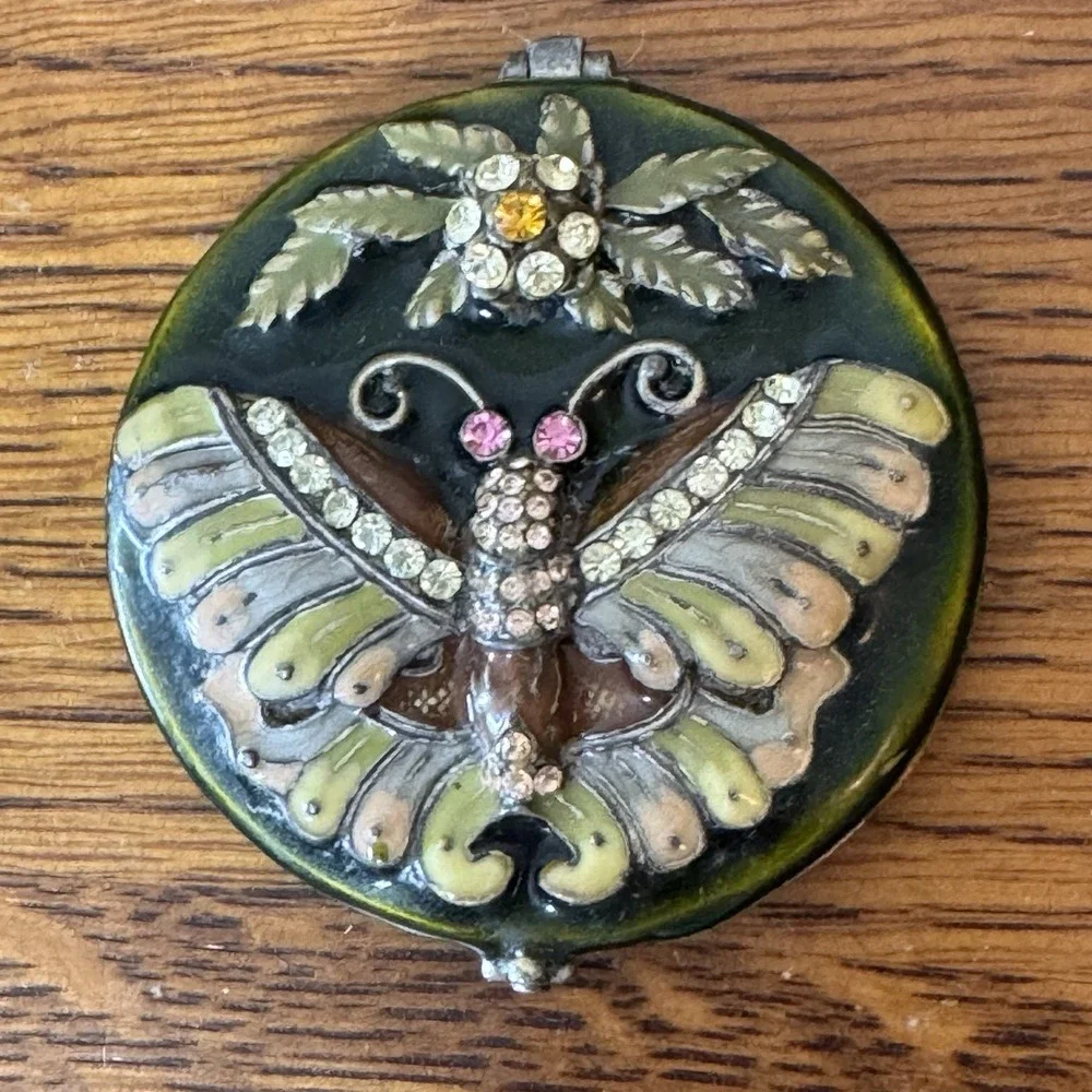 Vintage Butterfly Rhinestone Enamel Compact Mirror Green Round 3